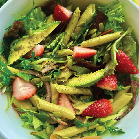 Green Lentil Pasta Salad With Orange Kombucha Dressing