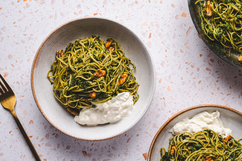 Edamame Spaghetti With Kale Pesto and Walnuts