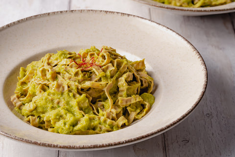 Edamame and Mung Bean Fettuccine with Saffron and Leek Cream