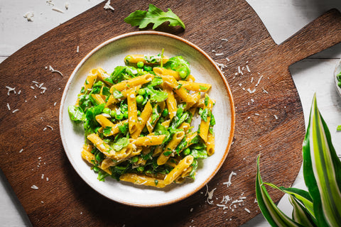 Green Lentil Penne with Arugula, Peas and Fresh Herbs