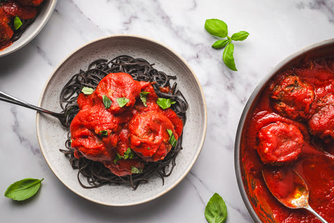 Black Bean Spaghetti with Vegan Meatballs