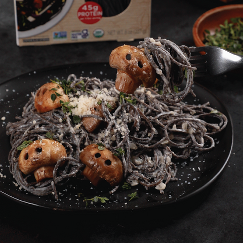 Mushroom "Skulls" Black Bean Spaghetti